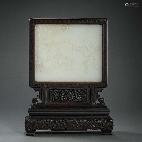 CHINESE QING DYNASTY RED SANDALWOOD INLAID HETIAN JADE SCREE...