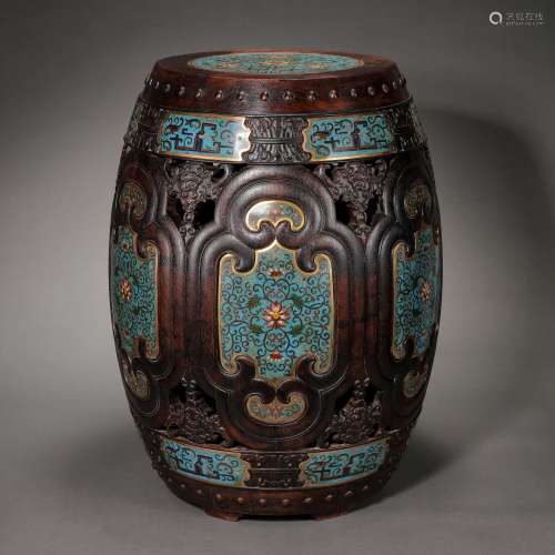 CHINESE QING DYNASTY COURT RED SANDALWOOD INLAID CLOISONNE D...