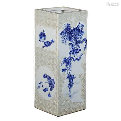 BLUE AND WHITE PORCELAIN SQUARE VASE BY WANG BU, A MASTER OF...