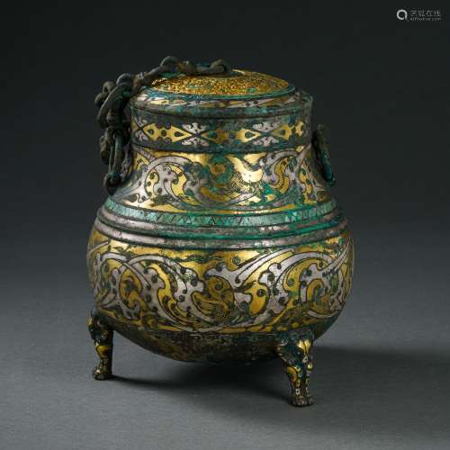 CHINA'S WARRING STATES PERIOD BRONZE GOLD AND SILVER VASE