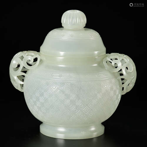 CHINESE QING DYNASTY HETIAN WHITE JADE LID JAR