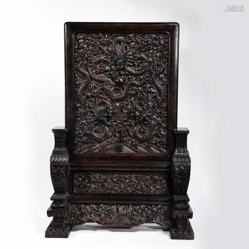 CHINESE QING DYNASTY RED SANDALWOOD DRAGON PATTERN SCREEN