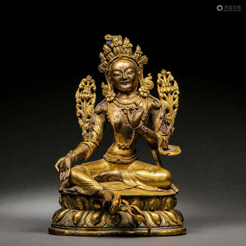 CHINESE QING DYNASTY GILT BRONZE SEATED BUDDHA STATUE