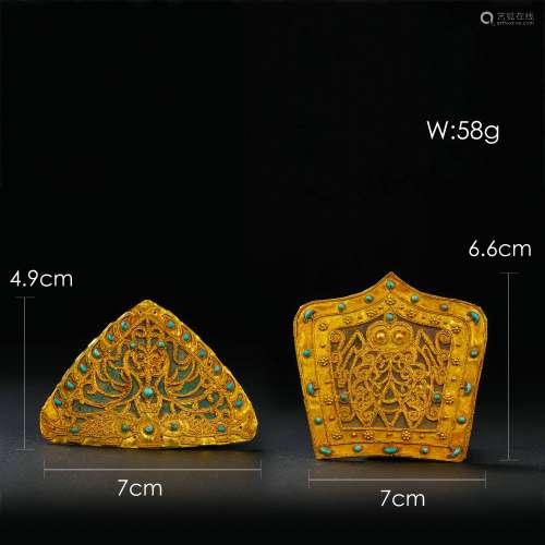 A PAIR OF CHINESE TANG DYNASTY SOLID GOLD FRIED BEADED TURQU...