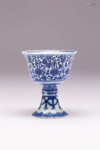 A CHINESE BLUE AND WHITE `LANÇA CHARACTERS` STEM CUP SIX CHA...