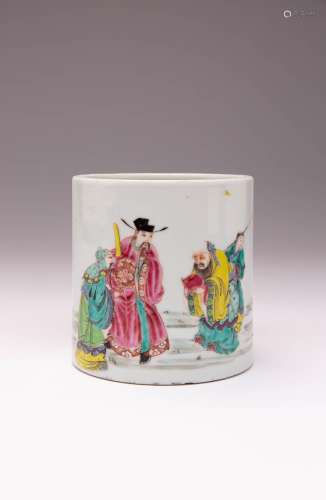 A CHINESE FAMILLE ROSE `SANXING` CYLINDRICAL BRUSHPOT, BITON...