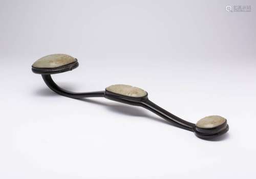 A CHINESE HARDWOOD AND PALE CELADON JADE RUYI SCEPTRE LATE Q...