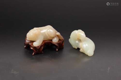TWO CHINESE CELADON JADE CARVINGS OF RECUMBENT ANIMALS 18TH/...