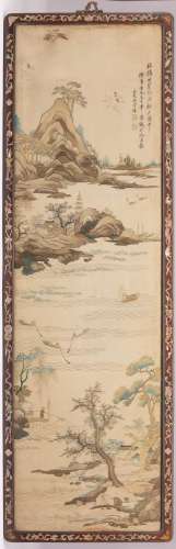 A CHINESE EMBROIDERED SILK `LANDSCAPE` PANEL LATE QING DYNAS...