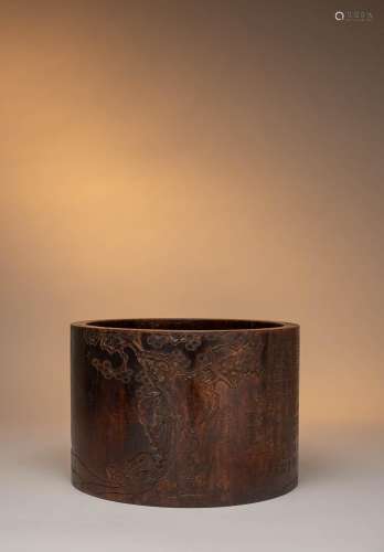 A MASSIVE CHINESE ZITAN BRUSHPOT, BITONG QING DYNASTY Carved...