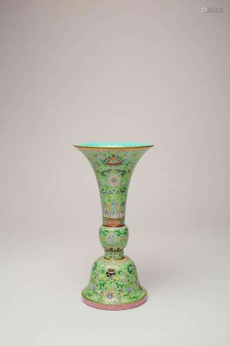 A CHINESE FAMILLE ROSE LIME-GREEN GROUND GU-SHAPED VASE SIX ...