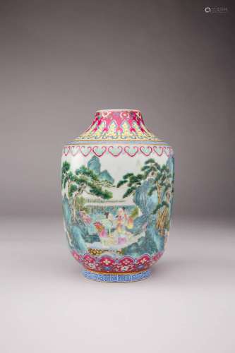 A RARE CHINESE FAMILLE ROSE `IMMORTALS` VASE SIX CHARACTER Q...