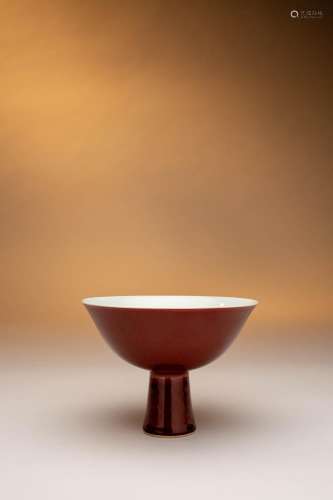 A FINE AND RARE CHINESE COPPER-RED GLAZED STEM BOWL SIX CHAR...