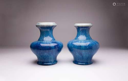 A NEAR PAIR OF CHINESE FLAMBE GLAZED VASES 18TH CENTURY Each...