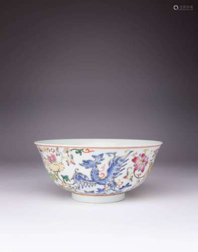 A LARGE CHINESE FAMILLE ROSE `PHOENIX` BOWL SIX CHARACTER GU...