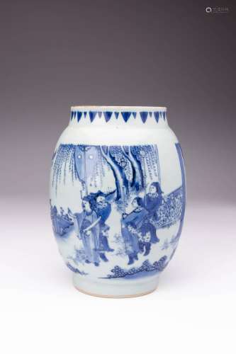 A CHINESE BLUE AND WHITE `FIGURAL` OVOID JAR TRANSITIONAL C....