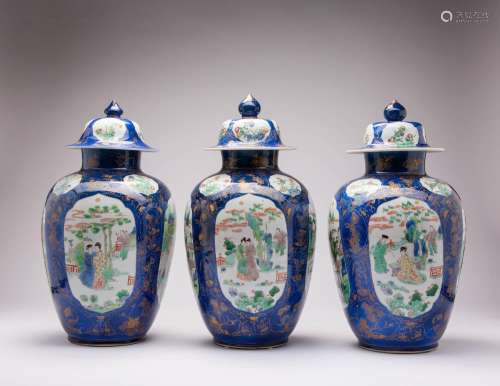 *A SET OF THREE CHINESE POWDER BLUE-GROUND FAMILLE VERTE ERO...