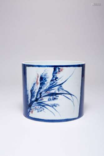 A CHINESE UNDERGLAZE BLUE AND COPPER-RED BRUSHPOT, BITONG KA...