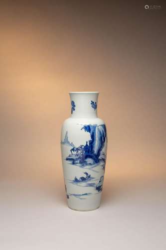 A GOOD CHINESE BLUE AND WHITE BALUSTER `LANDSCAPE` VASE KANG...