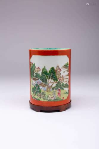 A CHINESE FAMILLE ROSE CORAL-GROUND BRUSHPOT, BITONG QING DY...