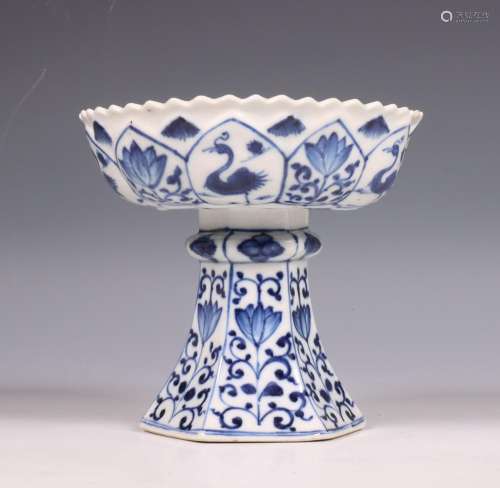 China, blauw-wit porseleinen kom op hoge voet, 19e/ 20e eeuw...