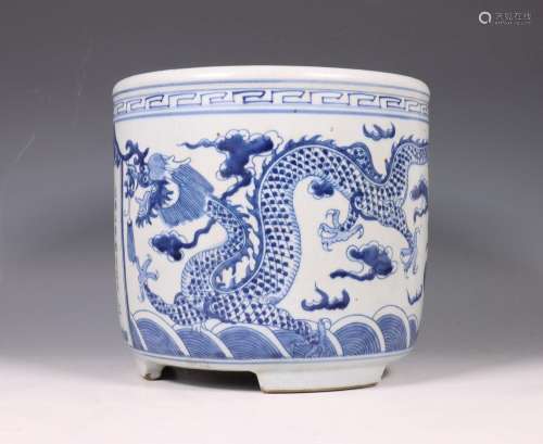 China, blauw-wit porseleinen draken pot, modern,