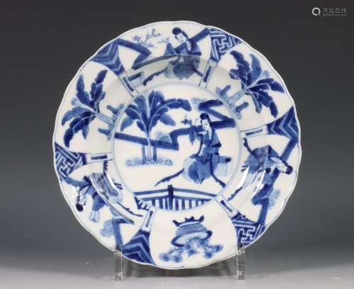China, diep blauw-wit porseleinen bord, Kangxi zeskarakterme...