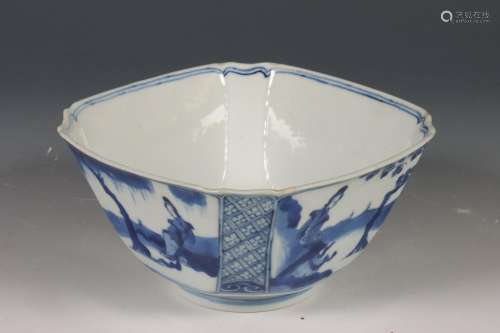 China, vierkante blauw-wit porseleinen kom, Kangxi periode (...