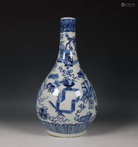 China, blauw-wit porseleinen fles, 19e eeuw,