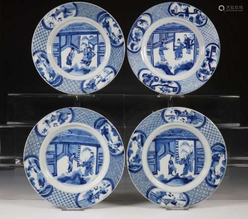 China, set van zeven blauw-wit porseleinen verhalende borden...