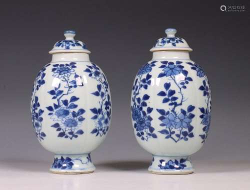 China, twee blauw-wit porseleinen theebusjes en deksels, Kan...