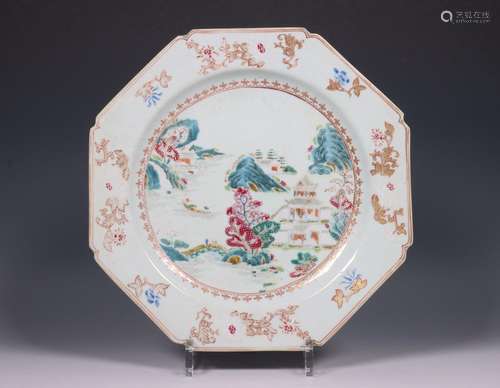 China, famille rose porseleinen achtkantig bord, Qianlong pe...