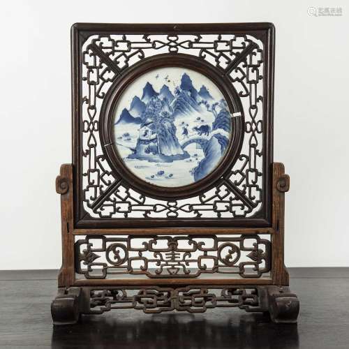 Circular blue and white porcelain and hardwood table screen ...