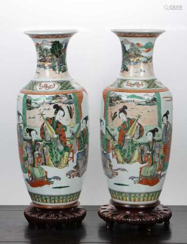 Pair of famille verte vases Chinese, 19th Century each paint...