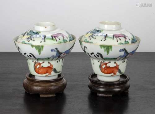 Pair of bowls and covers Chinese, 19th Century painted in en...