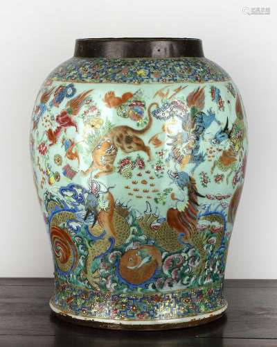 Canton large celadon vase Chinese, 19th Century painted in e...