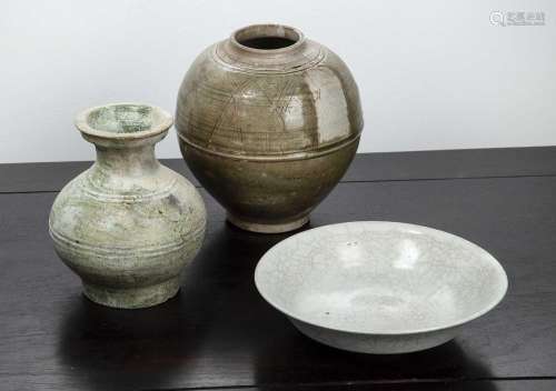 Group of ceramics Chinese comprising of a Jin style olive gl...