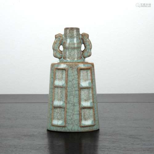 Celadon archaic style flask Chinese of flattened form, with ...