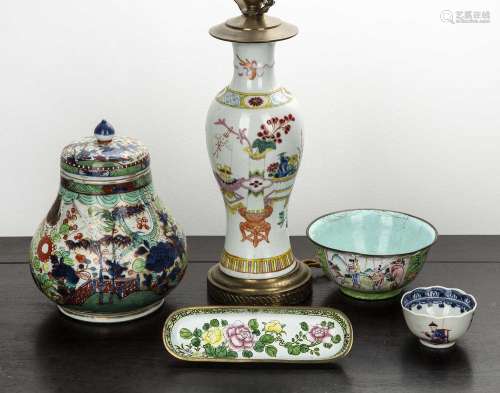 Group of pieces Chinese including a clobbered vase and cover...