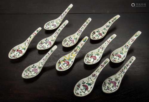 Eleven Nonya ware porcelain spoons China, Malacca Straits ea...