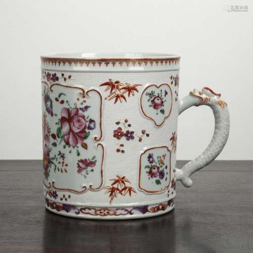 Large famille rose tankard Chinese with raised decoration se...