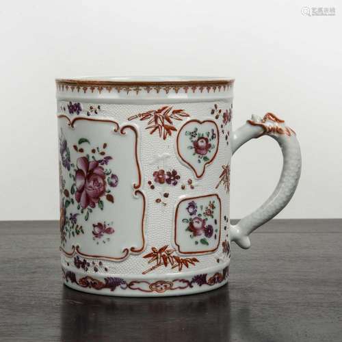 Famille rose tankard Chinese with raised decoration, with pa...