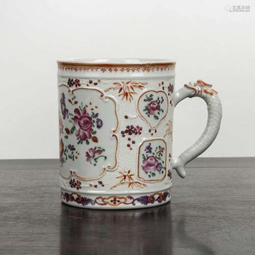 Famille rose porcelain tankard Chinese with raised decoratio...