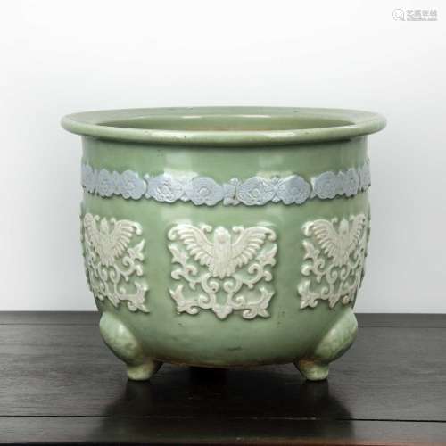 Celadon jardiniere Chinese, early 20th Century with raised a...