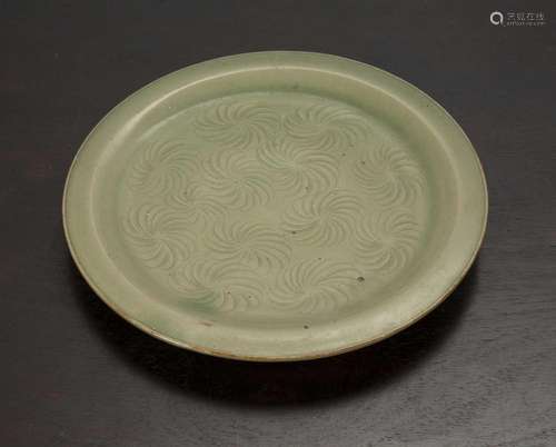 Celadon plate Chinese decorated with concentric style decora...