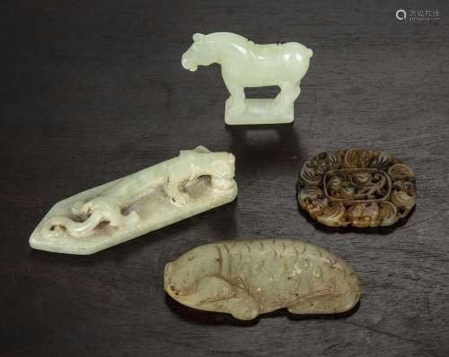 Four hardstone carvings Chinese to include a horse mounted o...