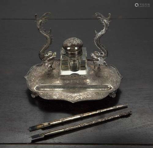 White metal/silver pen and inkstand awarded to John Finlay M...