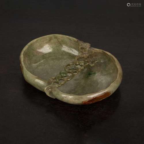 Mottled green jade shallow dish Chinese, 19th Century shaped...