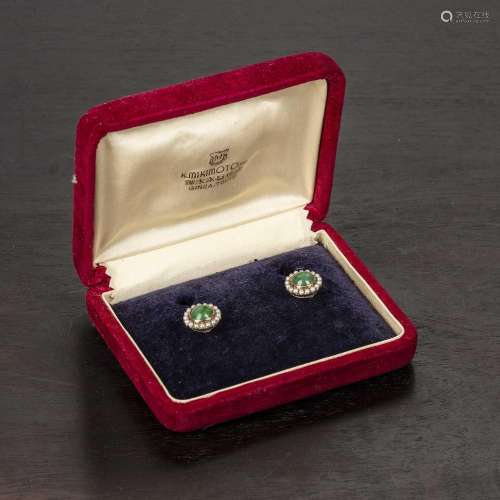 Pair of cluster earrings Chinese the jade cabochon centres s...