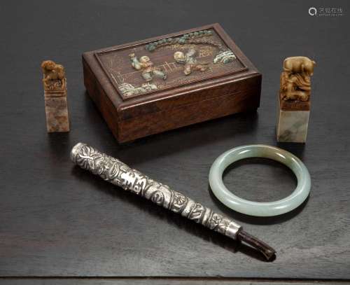 Group of items Chinese comprising of a box decorated with tw...